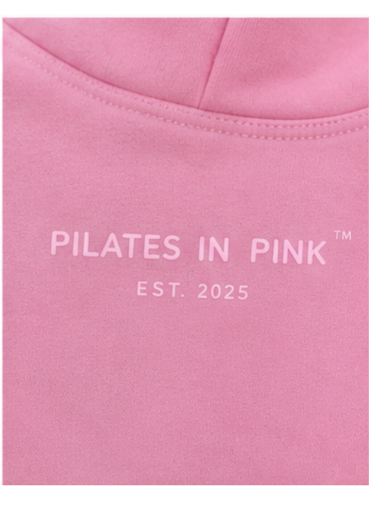 Pilates in Pink — hoodie signature print detail